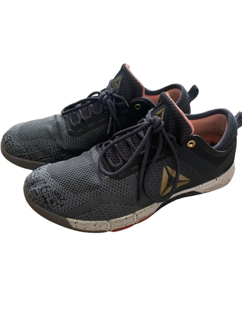 Reebok Women 8 navy Athletic Shoes with Gold Logo Sneakers Workout Gym #0109